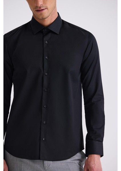 Siyah Slim Fit Basic Düğmeli %100 Pamuk Gömlek