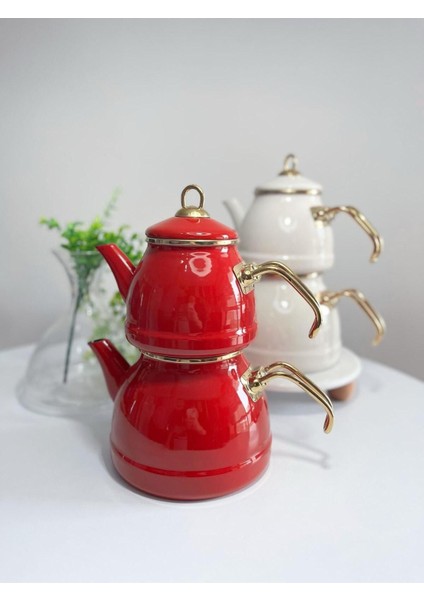 3 Parça Vintage Emaye Çaydanlık Seti Beyaz, şık ve kullanışlı ev dekoru