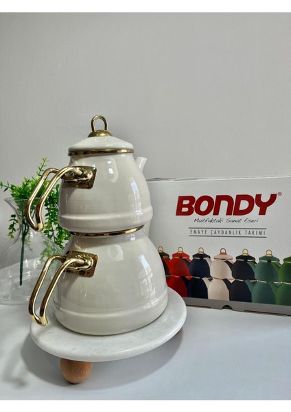 3 Parça Vintage Emaye Çaydanlık Seti Beyaz, şık ve kullanışlı ev dekoru