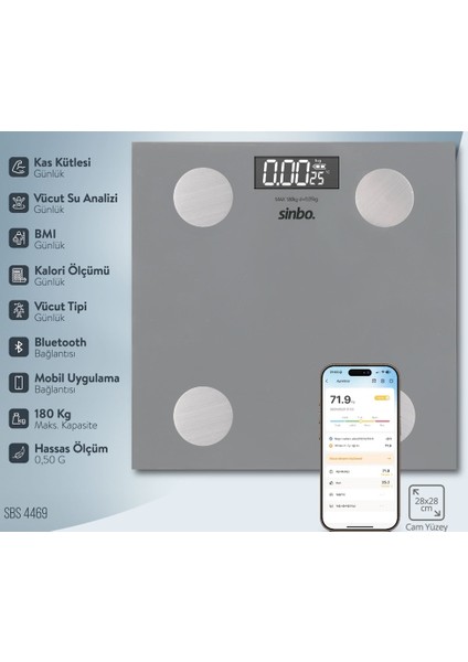 SBS-4469 Bluetooth Dijital Yağ Su Kas Vücut Kitle Endeksi Kilo Ölçer Tartı Baskül