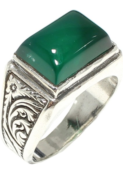 925 Ayar Gümüş Yeşil Dikdörtgen Akik Taşlı Desenli Erkek Yüzük