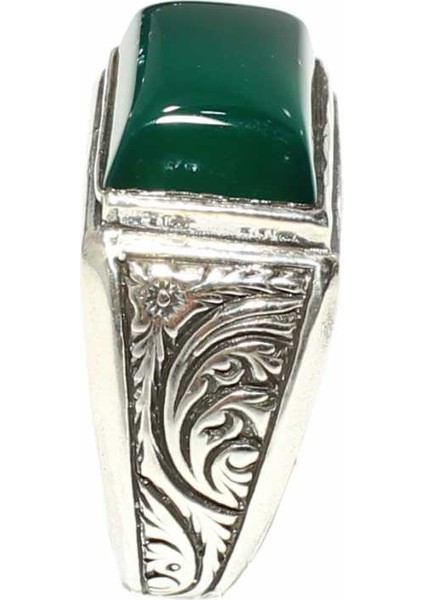 925 Ayar Gümüş Yeşil Dikdörtgen Akik Taşlı Desenli Erkek Yüzük fiyatları