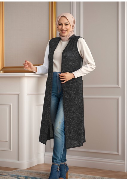 Simli Uzun Yumuşacık Ince Siyah Kadın Yelek