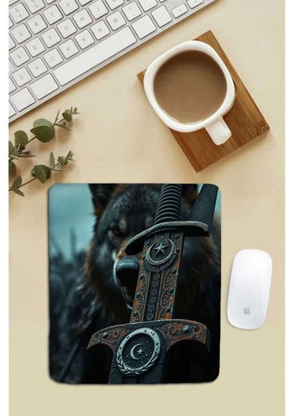 Bilek Destekli Kurt ve Kılıç Siyah Dikdörtgen Pürüzsüz Yüzey Dikişsiz Mouse Pad 18X22CM
