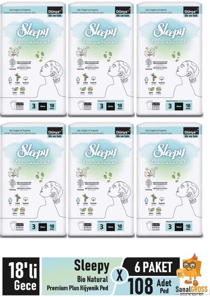 Bio Natural Premium Plus Hijyenik Ped 18'li Gece x 6 Paket