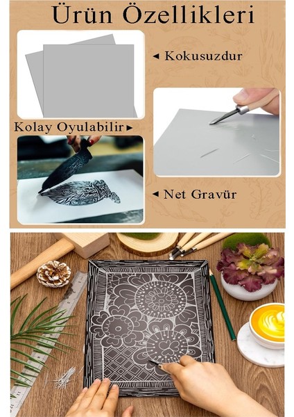 Linol Baskı Seti 1 Paket 35X50 cm Linolyum Tabaka Gri Linol Oyma Seti 6 Bıçaklı Kretuar Rulo Fırça Mürekkep Linol Baskı