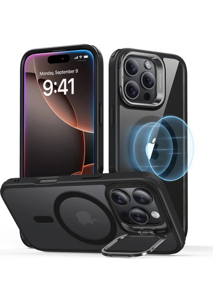 Apple iPhone 16 Pro Max Kılıf + Ekran Koruyucu Set Halolock Magsafe Classic Hybrid Stantlı Silikon - Şeffaf Siyah