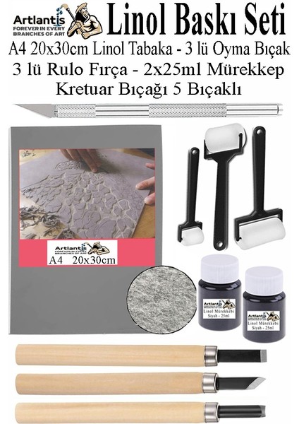 Linol Baskı Seti 1 Paket A4 20X30 Linolyum Tabaka Gri Linol Oyma Seti 3 Bıçaklı Kretuar Rulo Fırça Mürekkep Linol Baskı