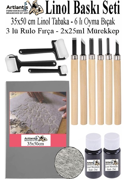 Linol Baskı Seti 1 Paket 35 x 50 cm Linolyum Tabaka Gri Linol Oyma Seti 6 Bıçaklı Rulo Fırça Mürekkep Linol Baskı Seti