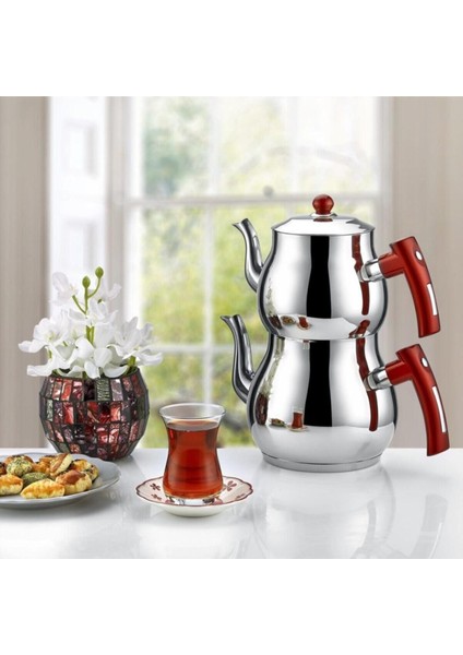 Kırmızı Çelik Çaydanlık, Aile Boyu, Dayanıklı ve Şık Tasarım