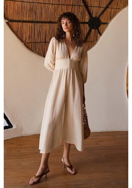 V Yaka Giritli Düğme Detaylı Poplin Elbise Krem 9290-E