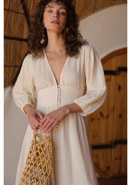 V Yaka Giritli Düğme Detaylı Poplin Elbise Krem 9290-E modelleri