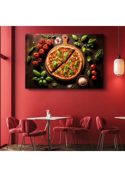 Italyan Pizzası - Fesleğen ve Domates ile Süslenmiş Lezzet Kanvas Tablo