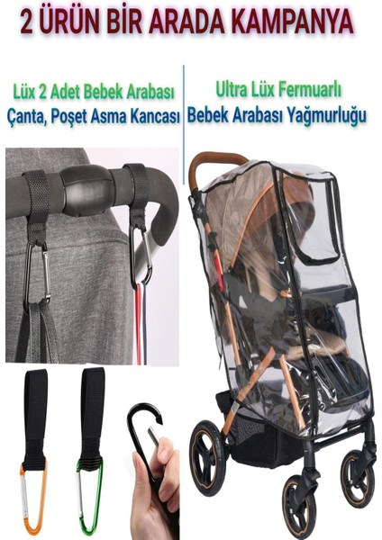 Lüx Fermuarlı Bebek Arabası Yağmurluğu ve 2 Adet Bebek Arabası Kanca 2 Ürün Bir Arada