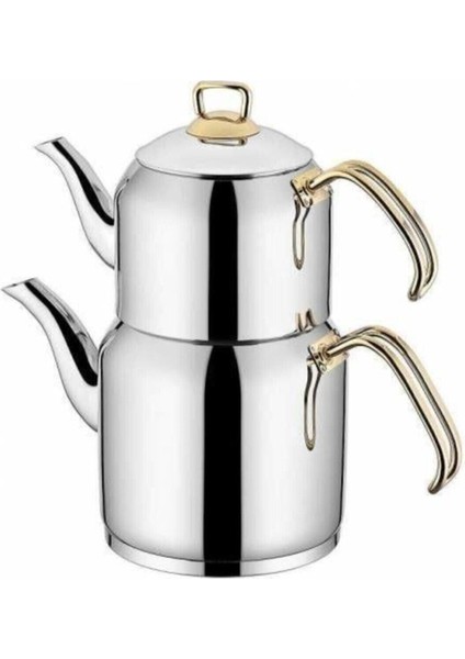 Beyaz ve altın detaylı orta boy çelik çaydanlık takımı, 2,75 L