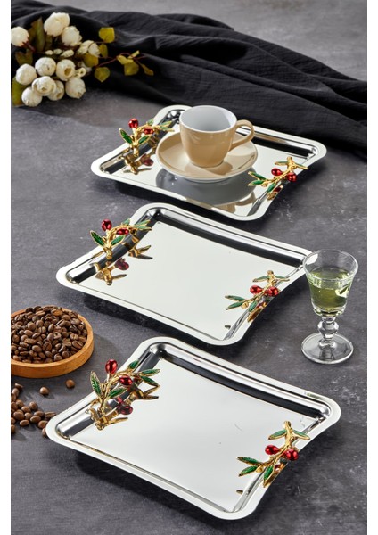 Elegante Square Serisi, Duo Bacche Rosso Kulp Desenli Krom Sunum Söz Nişan Tepsisi, 22CM, 3 Adet