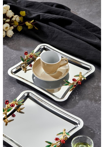 Elegante Square Serisi, Duo Bacche Rosso Kulp Desenli Krom Sunum Söz Nişan Tepsisi, 22CM, 3 Adet