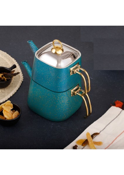 Yeşil Kare Çaydanlık Takımı Orta Boy, Şık ve Kullanışlı Granit Set