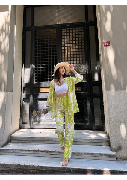 Desenli Kimono & Pantolon Ikili Takım