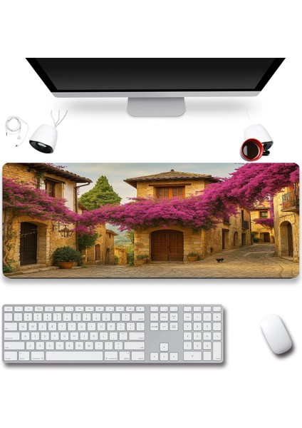 Sonictouch Ultragrand Leylak Çiçekli Taş Evler Dikişsiz Xxl Gaming Oyuncu Masaüstü Mor Klavye Mouse Pad 40X90CM