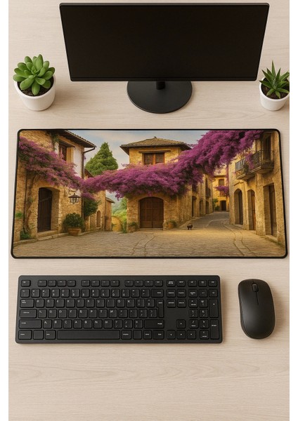 Sonictouch Ultragrand Leylak Çiçekli Taş Evler Dikişsiz Xxl Gaming Oyuncu Masaüstü Mor Klavye Mouse Pad 40X90CM
