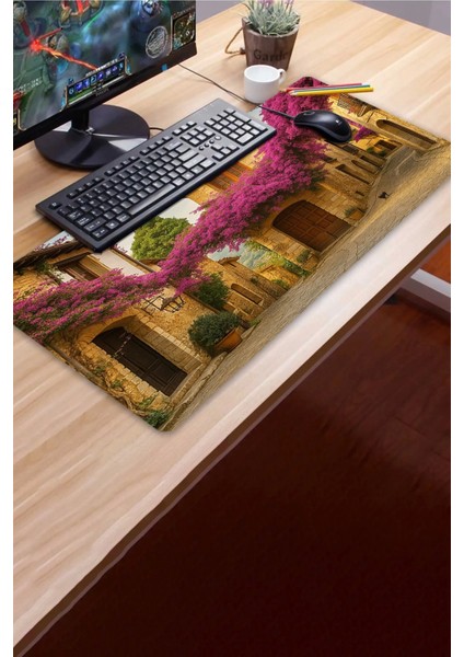 Sonictouch Ultragrand Leylak Çiçekli Taş Evler Dikişsiz Xxl Gaming Oyuncu Masaüstü Mor Klavye Mouse Pad 40X90CM