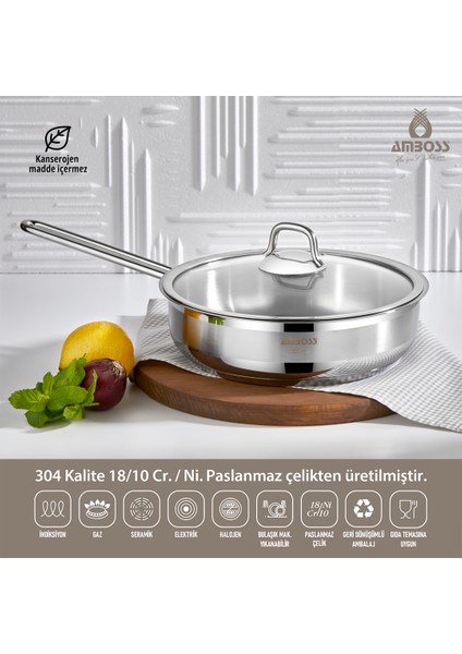 Ambos Saphire Paslanmaz Çelik Cam Kapaklı Tava 22 cm