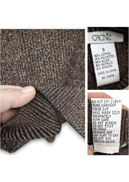 S / 36 Esnek Pamuklu Simli Boncuk Işlemeli Yarım Boğaz Kolsuz Şık Kahverengi Bluz