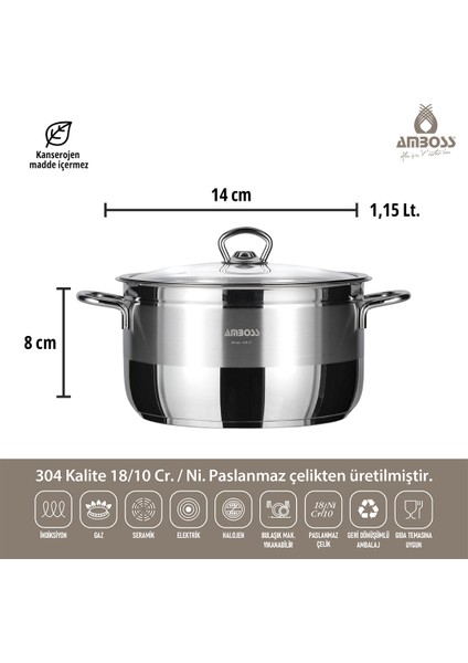 Ambos Saphire Paslanmaz Çelik 14 cm Derin Tencere - Çelik Kapak