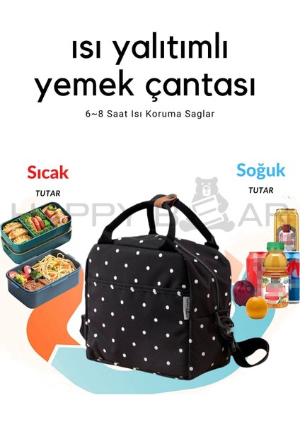 Siyah Termal Çanta Yemek Taşıma Beslenme Çantası Isı Yalıtımlı Su Geçirmez Siyah Puantiye Desenli O