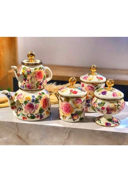 Gül Desenli Emaye Çaydanlık Seti, şık ve dayanıklı tasarım, Pembe renk