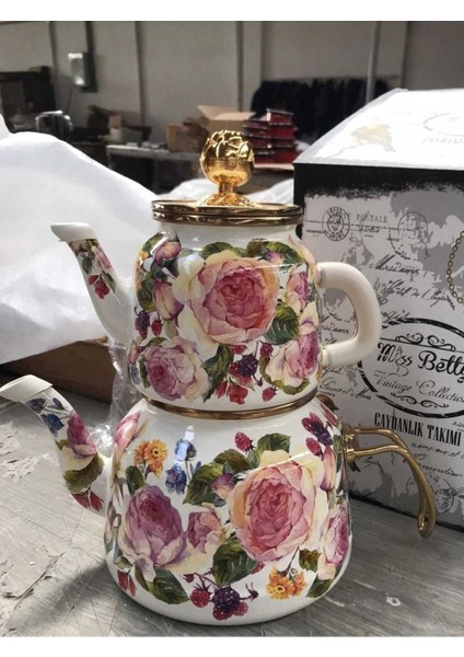 Gül Desenli Emaye Çaydanlık Seti, şık ve dayanıklı tasarım, Pembe renk