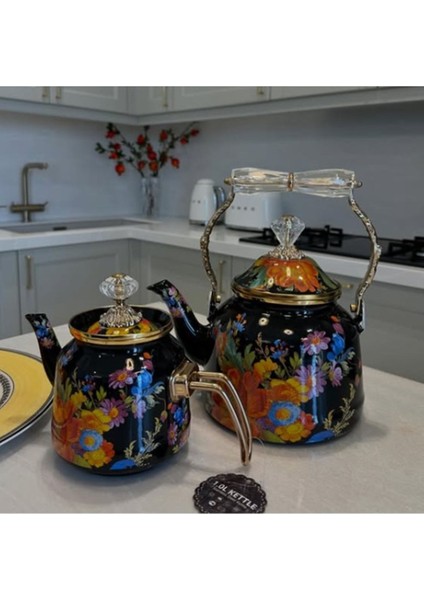 Şık Çiçekli Siyah Emaye Çaydanlık ve Demlik Seti 2'li 1, 2,5L ve 1L modelleri