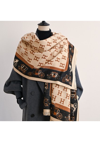 Retro At Arabası Desenli Eşarp, Kadın Moda Mektup Çift Taraflı Şal (Yurt Dışından)