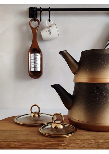 Şık Siyah Granit Çaydanlık Takımı, çift kapak, gold kulp, dayanıklı ve estetik set fiyatları