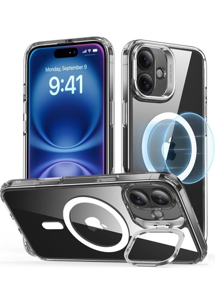Apple iPhone 16 Kılıf + Ekran Koruyucu Set Halolock Magsafe Classic Hybrid Stantlı Silikon - Şeffaf