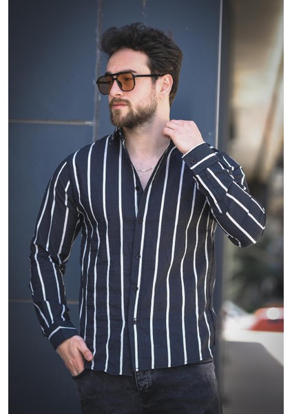 Ht 9540006 Slim Fit Çizgili Uzun Kol Ketenerkek Gömlek