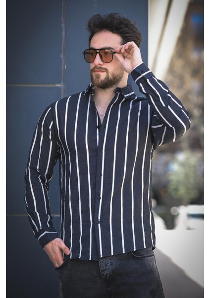 Ht 9540006 Slim Fit Çizgili Uzun Kol Ketenerkek Gömlek modelleri
