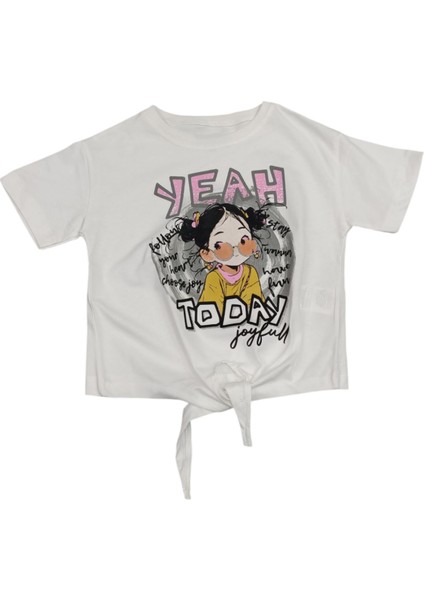Kız Çocuk Önü Bağlamalı Yazı Resim Desenli Beyaz Tişört