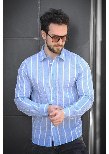 Ht 9540006 Slim Fit Çizgili Uzun Kol Ketenerkek Gömlek