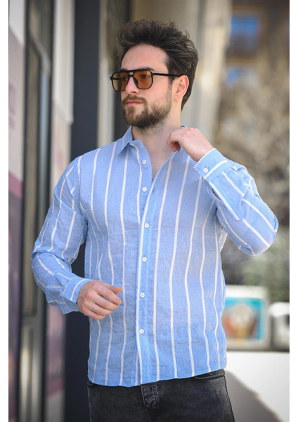 Ht 9540006 Slim Fit Çizgili Uzun Kol Ketenerkek Gömlek fiyatları