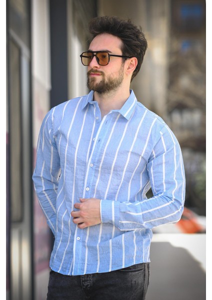 Ht 9540006 Slim Fit Çizgili Uzun Kol Ketenerkek Gömlek modelleri