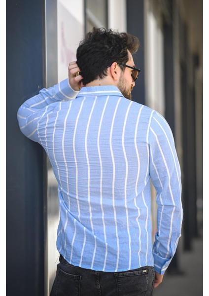Ht 9540006 Slim Fit Çizgili Uzun Kol Ketenerkek Gömlek fırsatları