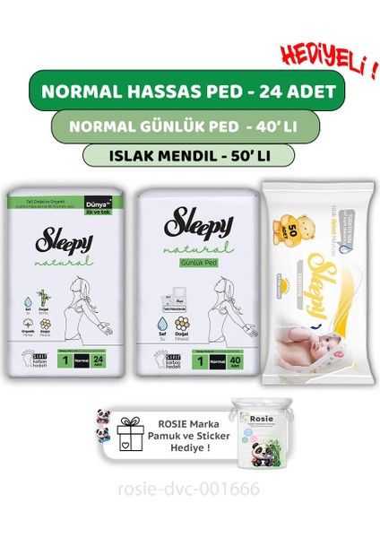 Natural Ultra Hassas Normal Ped 24'lü,günlük Ped 40'lı, Sensitive 50'li Mendil ve Rosıe