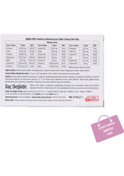 Oreka First Vitamin ve Mineral İçeren 30'lu Tablet