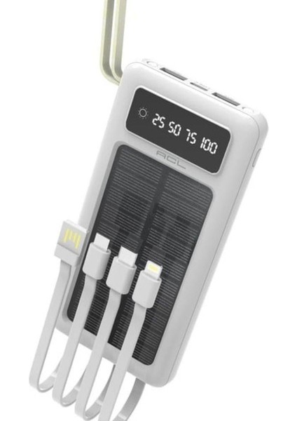 10.000mAh Dijital Göstergeli Taşınabilir 22.5W Hızlı Şarjlı Dahili Kablolu Solar Panelli Powerbank Kamp Uyumlu Asma Aparatlı Powerbank