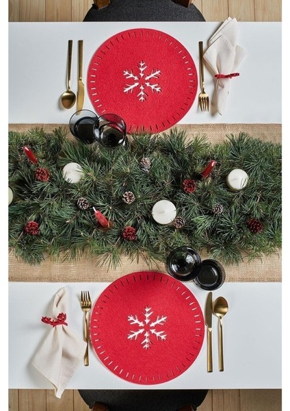 Kırmızı Çam Ağaç Desenli Keçe Supla 6'lı Set