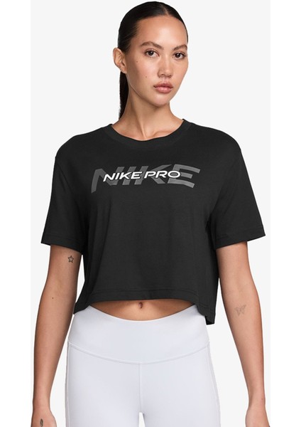Pro Dri Fiit Women's Crop Loose Fit T-Shirt Kadın Bol Kesim Kısa Koşu Antrenman Tişörtü Siyah