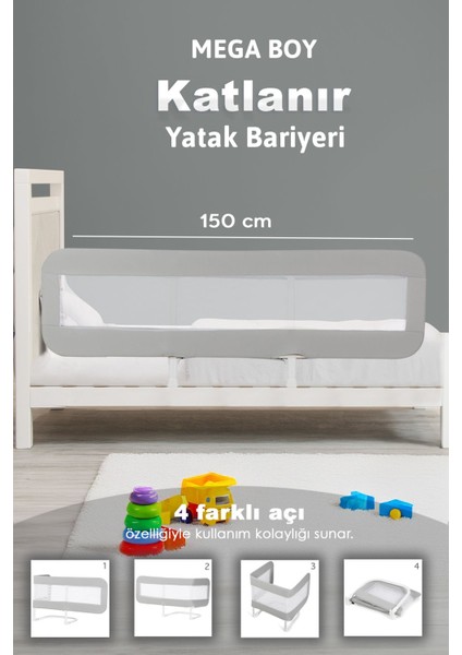 150X42 cm Katlanır Bebek Yatak Bariyeri - Koruyucu Baza Korkuluğu Koruma Güvenlik Bariyeri Gri