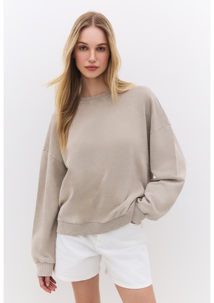 Oversize Fit Bej Basic Sweatshirt
